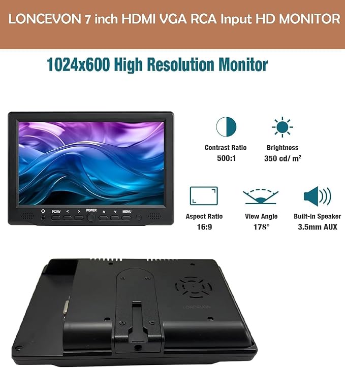 7 inch Small HDMI VGA AV RCA Monitor 1080P Second Screen for PC/Security System/Game Console; IPS 1024X600 Pixels; 60HZ; Built in Loud Speakers & Earphone Jack; 12V USB Power Cable for Portable Use