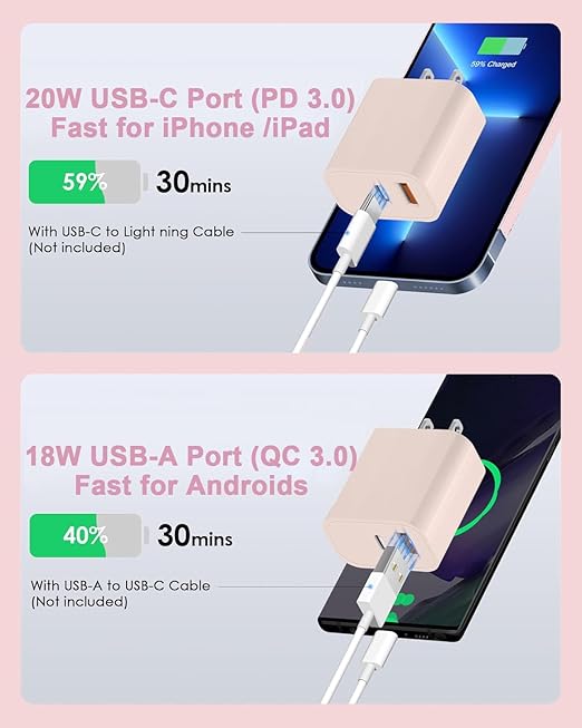 USB C Charger Block, iPhone 16/15 Charger Block [3 Pack] 20W Dual Port QC+PD 3.0 Power Adapter Multiport USB A Fast Charging Plug for Apple iPhone 16/16 Pro/16 Pro Max/16 Plus/15/14/13/12/11/iPad-Pink