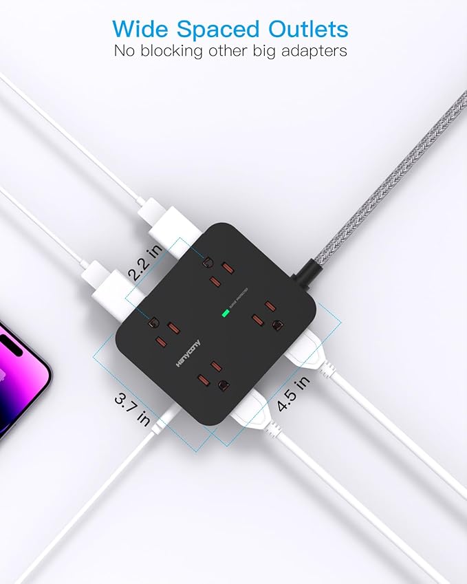 Power Strip Surge Protector, HANYCONY 8 Outlets with 4 USB Charging Ports(2 USB C), 3 Side Outlet Extender with 5 Ft Extension Cord, Flat Plug, Wall Mount, Desk Charging Station for Home Office ETL