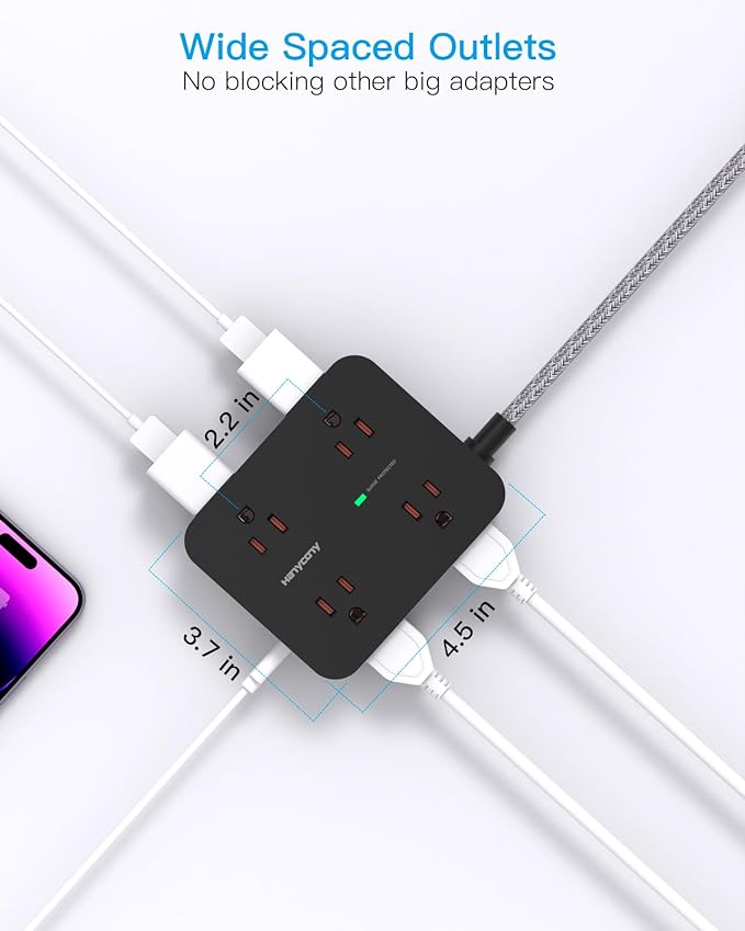 Long Extension Cord 15 ft, HANYCONY Surge Protector Power Strip 15 Feet with 4 Outlets 4 USB Ports (2 USB C), 3 Prong Desk Charging Station, Wall Mount for Indoor Essentials