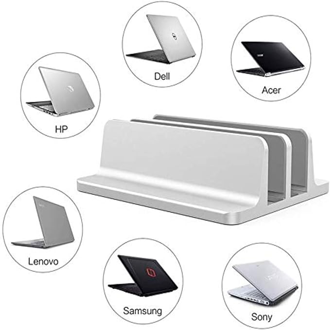 Universal Laptop Vertical Stand, Dual Desktop Adjustable Notebook Stand (up to 17.3 inches) for Samsung/HP/Dell/Chrome Book laptops (Silver)