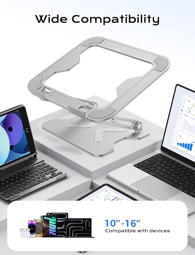 JCZT Adjustable Laptop Stand for Desk, Portable Laptop Riser Holder Foldable, Metal Ergonomic Computer Notebook Stand Holder for MacBook Air Pro, Dell, HP 10-16'' White