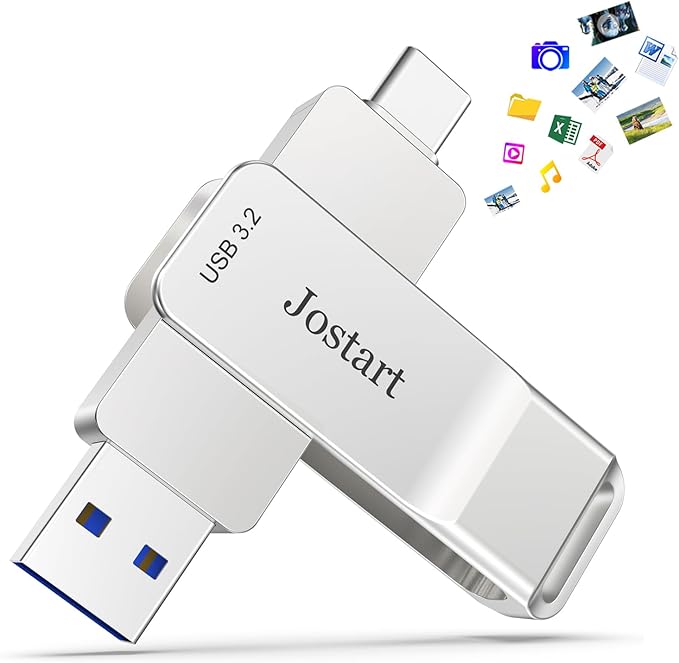 JOSTART USB C Flash Drive 1 TB, 500MB/s High Speed Thumb Drive, USB 3.2 + Type C Dual Drive, Portable Memory Stick for iPhone15/16/PS4/Tablet/Laptop/PC Data Backup, Sliver