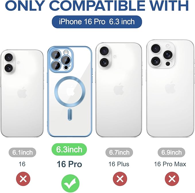 Hython Magnetic Clear for iPhone 16 Pro Case with Camera Lens Protector [Compatible with MagSafe] Luxury Plating Edge Slim Soft TPU Cover Protective Phone Case for iPhone 16 Pro, Matte Light Blue
