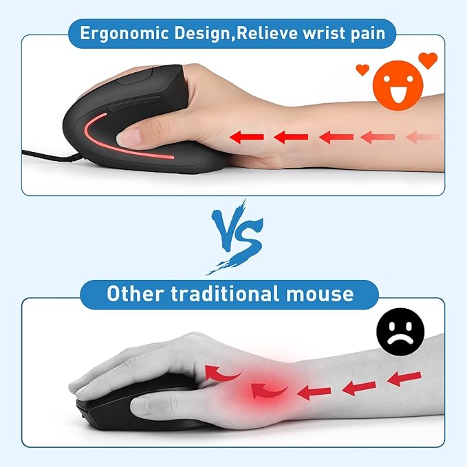 Wired Ergonomic Mouse, USB Wired Vertical Mouse with 800/1200/1600 Adjustable DPI, 6 Buttons Ergonomic Mouse for Laptop/PC/Desktop-Black