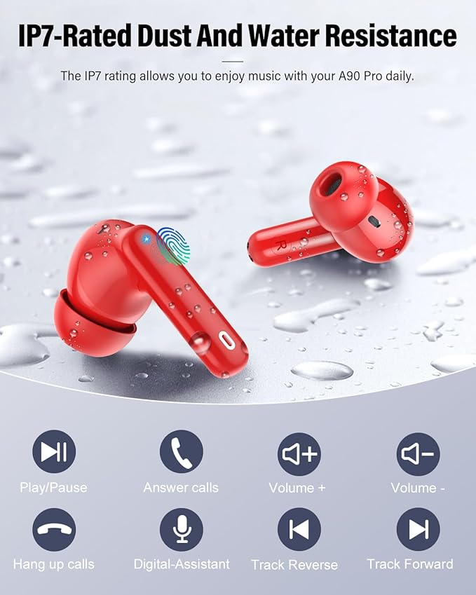 Btootos Wireless Earbuds, Bluetooth 5.4 Headphones Bass Stereo, Ear Buds with Noise Cancelling Mic, IP7 Waterproof in Ear Earphones, 36H LED Display Bluetooth Earbuds for Laptop Pad Phones, Rose Red