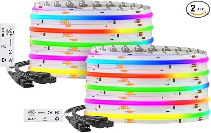 BTF-LIGHTING WS2811 Smart IC RGB FCOB COB LED Strip, UL Listed 630LEDs/m High Density Color Chasing Uniform Light, DC24V 32.8FT 10mm Width Tape Light for Home Party DIY Decor(No Adapter or Controller)