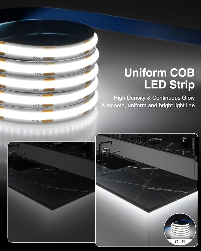 Aclorol 5V COB LED Strip Lights 6000K Cold White USB LED Strip Lights for Bedroom 8mm Width High Density 320LEDs/M Bright for TV Monitor Backlights Under Cabinet Counter Display Case CRI90+ (2 Pack)