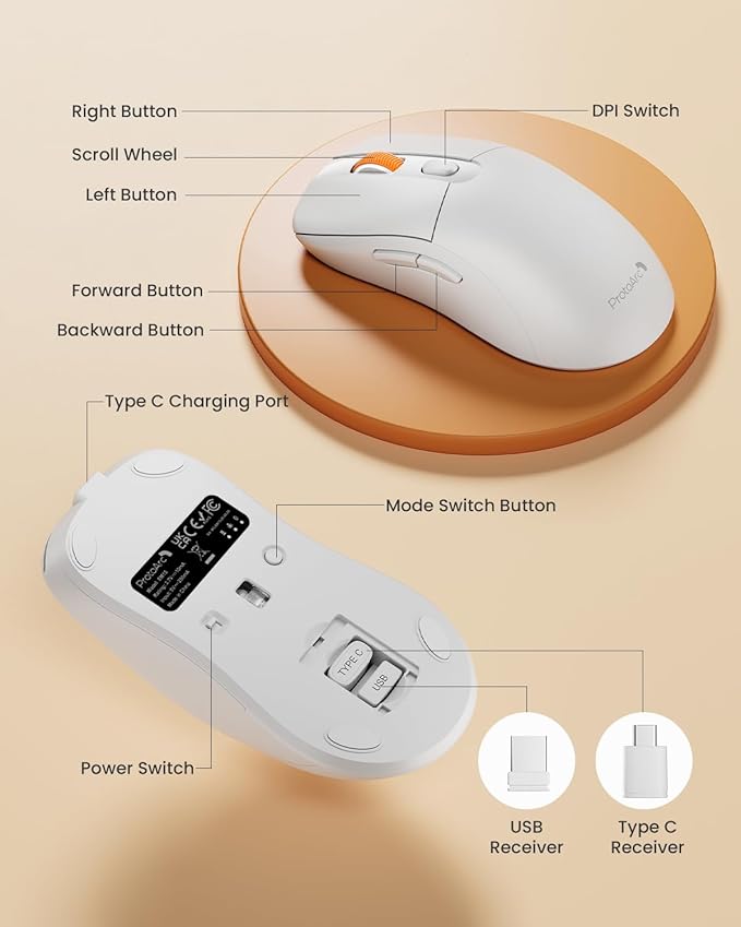 ProtoArc Bluetooth Wireless Mouse, USB C Mouse, EM15 Rechargeable Compact Portable Type C Wireless Mice for Laptop, Tablet, PC, Windows, Mac OS-White