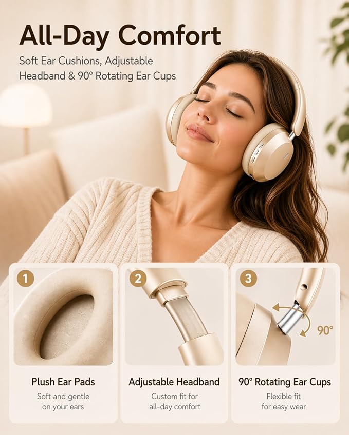 Wentronic Y05 Active Noise Cancelling Over Ear Headphones, Bluetooth 5.3 Wireless Headphones with Mic, 48H Playtime, USB-C Fast Charging, Hi-Res Audio, Starlight