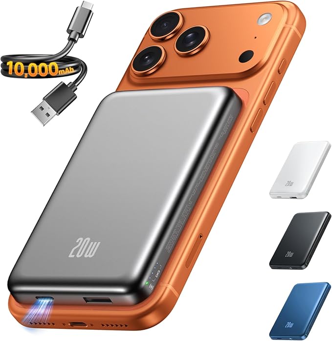 Portable Charger for Magsafe Power Bank - 10000mAh Magnetic Phone Charger, USB-C 20W PD Fast Charging, Slim Wireless Battery Pack for iPhone 17/16/15/14/13 Series,for Travel Cruise Essentials-Smoke