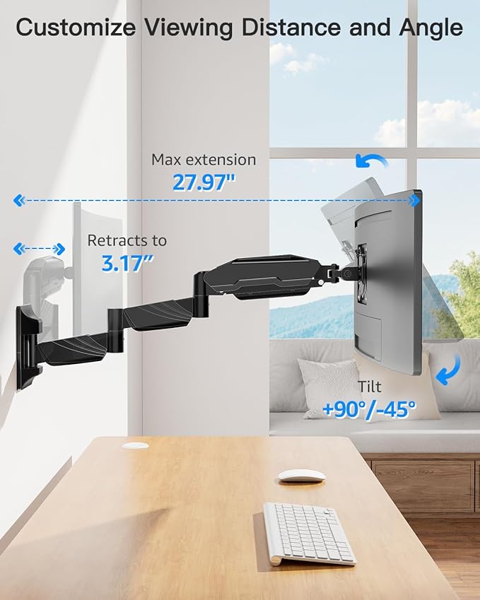 Long Arm Monitor Wall Mount for Max 32 inch Computer Screen, Extra Long Adjustable Single Wall Mount Monitor Arm, Full Motion Vesa Wall Bracket 100x100, Hold up to 17.6lbs, Black