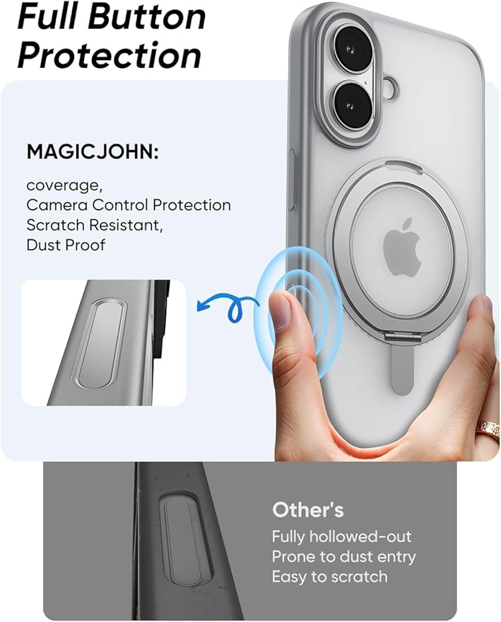 MAGIC JOHN 360° Rotatable Magnetic Invisible Stand for iPhone 16 Case [Camera Control Button] [Compatible with MagSafe] 16FT Shockof for iPhone 16 Case with Kickstand, Gray