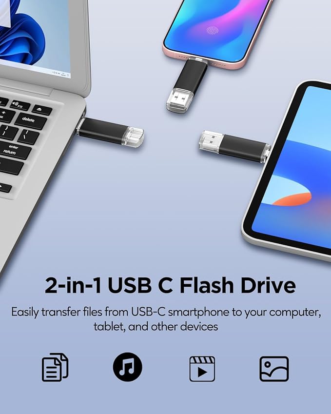 AreTop 128GB USB C Thumb Drive USB 3.0 Dual Flash Drive 128GB USB Drive 2-in-1 Portable Type-C Memory Stick for Android Smartphone, Computers, MacBook, Tablets, PC, 1 Pack, Black