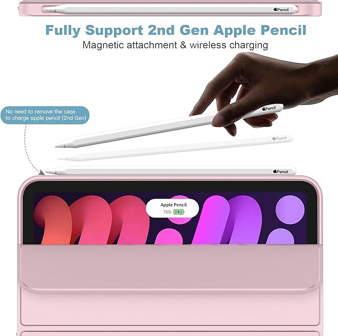 iMieet iPad mini 7 Case 2024 (A17 Pro), iPad mini 6 Case (8.3-Inch,2021 Model), iPad mini 7th/6th Generation Case with Pencil Holder, Trifold Stand Smart Case with Soft TPU Back,Pink