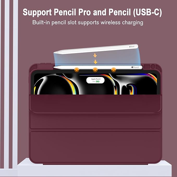 ZryXal iPad Pro 11 Inch Case (M5) 2025/ (M4) 2024 (Model: A2836/A2837/A3006), Trifold Stand Smart Cover with Pencil Holder and Soft TPU Back, Auto Wake/Sleep (Wine)
