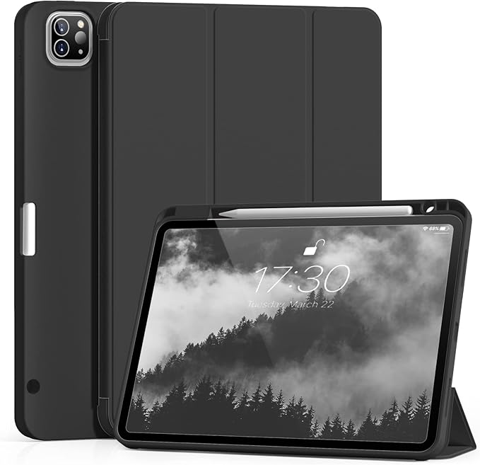 Aoub New iPad Pro 12.9 Case 6th Generation 2022 / 5th Gen 2021/ 4th Gen 2020 with Built-in Pencil Holder, Auto Wake/Sleep, Slim Stand Soft Back Shell Smart Cover for iPad Pro 12.9 Inch, Black