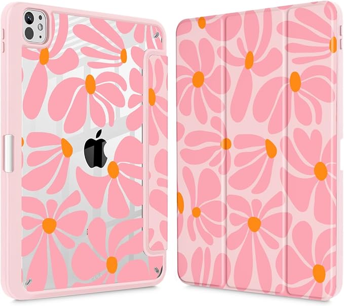 May Chen for iPad Pro 13 Inch Case M5 2025 / M4 2024, Built Pencil Holder & Clear Transparent Print Back Shell Slim Stand Shockproof Tablet Cover, Auto Wake/Sleep, Groovy Flower
