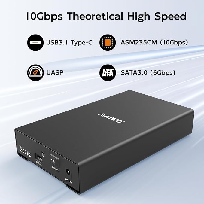MAIWO Hard Drive Enclosure for 2.5 3.5 inch SATA SSD HDD, USB 3.1 GEN2 Type-C 10Gbps Speed with UASP, 24TB Capacity, USB to External SATA Hard Disk Adapter Reader Case