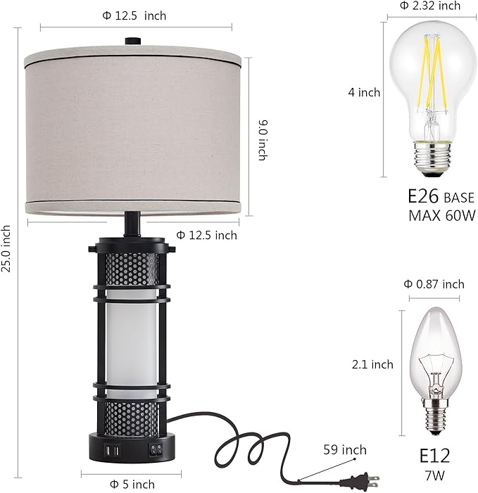 AIEAMPDO Set of 2 Modern Table Lamps for Living Room, Contemporary Nightstand Lamp with Dual USB Port, Bedside Lamps with White Frosted Glass Night Light for Bedroom, 4 Bulbs Included (Black)