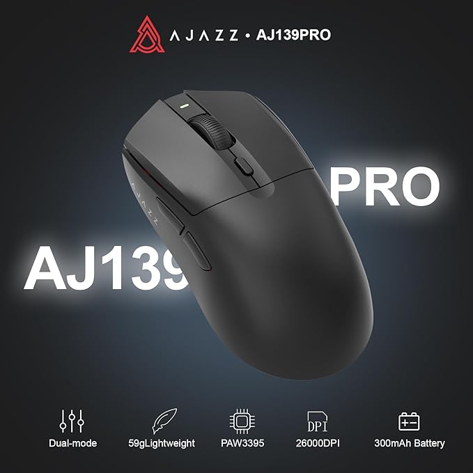 AJ139PRO Dual-Mode 2.4G/Wired Gaming Mouse, 59g Lightweight Design, PAW3395 Sensor, 26K DPI, 300mAh Battery with 40-Hour Battery Life for Windows, Mac Gamer.