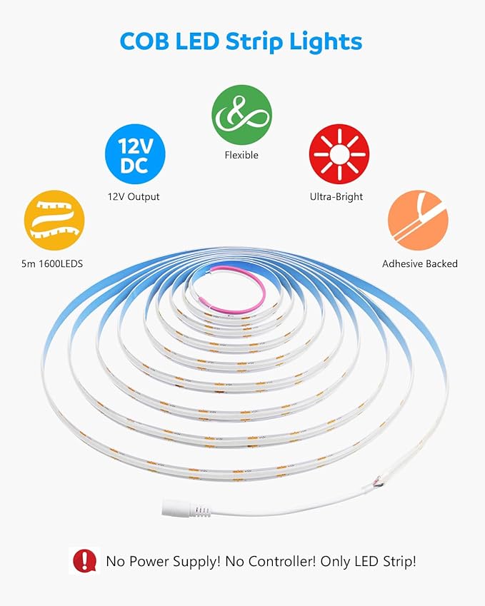 Aclorol Blue COB Led Strip Lights 16.4ft Led Tape Lights 12 Volt for Living Room Bedroom Kitchen Cabinet Closet Other Home Indoor Decor 320Leds/m (Power Supply&LED Dimmer Not Included)