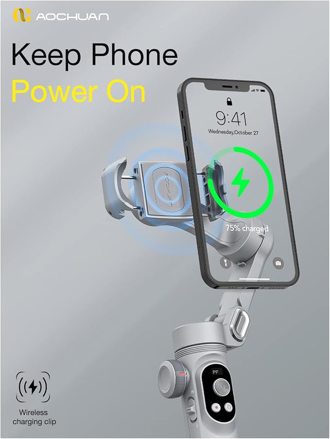 Professional Gimbal Stabilizer for Smartphone w/Wireless Charging OLED Display LED Light Focus Wheel, 3-Axis Phone Gimbal Stabilizer for iPhone 15 14 13 12 Pro/Max/Xs Galaxy S23-AOCHUAN Smart X Pro