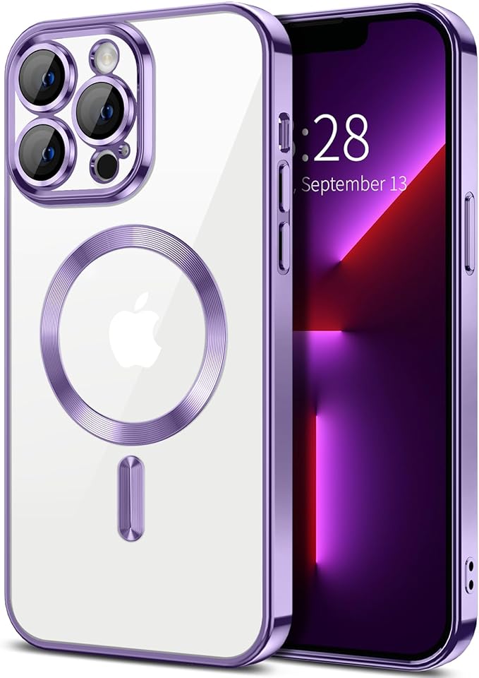 Hython Magnetic Clear for iPhone 13 Pro Max Case with Camera Lens Protector [Compatible with MagSafe] Plating Edge Slim Soft TPU Cover Protective Phone Case for iPhone 13 Pro Max 6.7", Light Purple