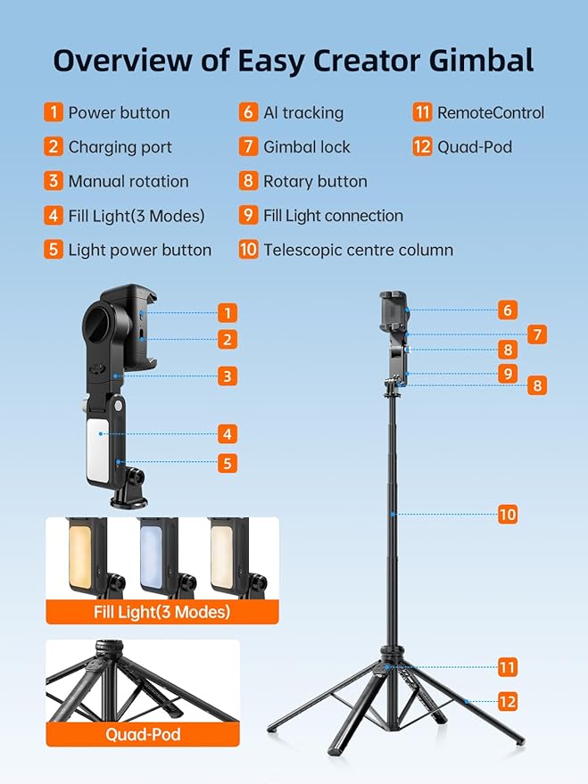 Rollei Auto Face Tracking Tripod, Smartphone Gimbal Stabilizer 61'' Selfie Stick Tripod Holder 360° Rotation for iPhone/Android Stand for Filming Streaming Tiktok Video Vlog