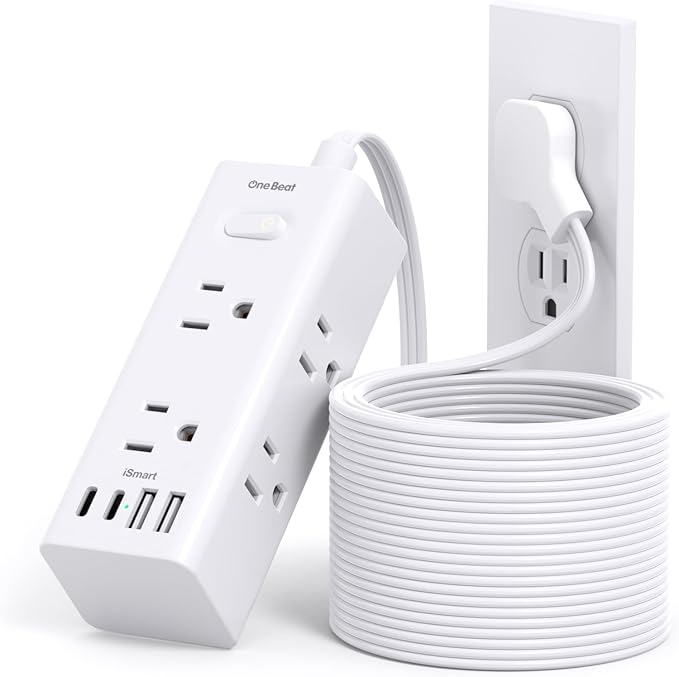 20Ft Extension Cord with Multiple Outlets, Flat Plug Power Strip Surge Protector with 20 Ft Long Cord, 6 Outlet 4 USB Ports (2 USB C), Multi Outlet Wall Plug for College, Dorm Room Essentials(White)