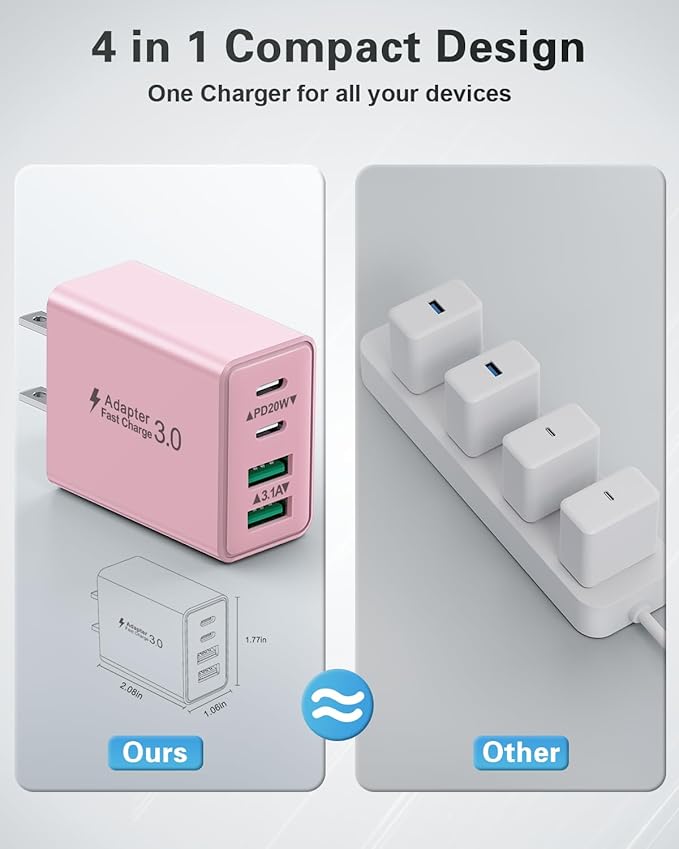 USB C Charger Block, 2-Pack 40W Fast USBC Charging Block 4-Port Dual PD+QC Power Adapter Double USBC Charger Block Multiport Type C Cube Wall Plug for iPhone 16 15 14 13 12 11 Pro Max,Samsung