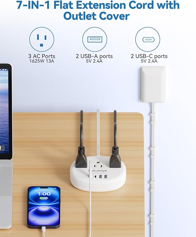 Flat Extension Cord with Outlet Cover & Cable Clips- 5 FT, 1625W Child Proof Extension Cord with 3 AC Outlet 4 USB (24W/4.8A), Flat 90 Degree Power Strip for Behind Furniture Couch Sofa TV, etc