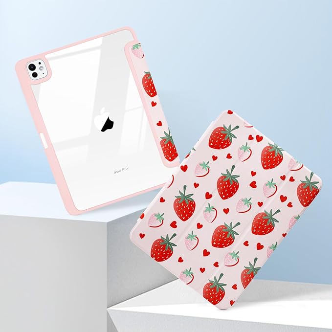 MrARTIST for for iPad Pro 11 Inch Case (M5/M4) 2025/2024 6th/5th Generation Case Cute for Women Girls Girly Kawaii Aesthetic Design for Apple Tablet Cover with Pencil Holder, Strawberry