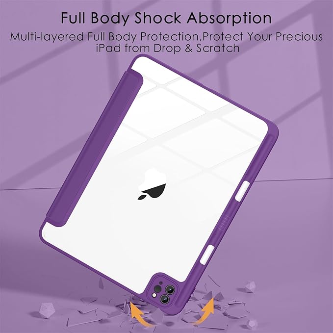 Soke Case for iPad Pro 12.9 Inch (6th/5th/4th/3rd Generation, 2022/2021/2020/2018) - Pencil Holder + Auto Sleep/Wake + Camera Protection, Transparent Shockproof Back Cover, Purple