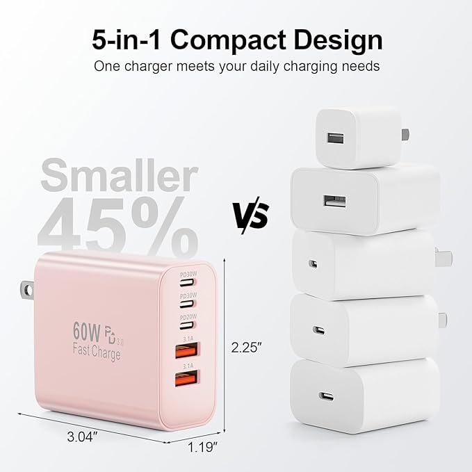 USB C Charger Block, 60W 5-Port Type C Charger Fast Charging Block, USBC USB Multiple Port Wall Charger Plug Adapter for iPhone 17/Air/16/15/14/13/12/11 Pro Max, Samsung Galaxy, iPad, Tablet (Pink)