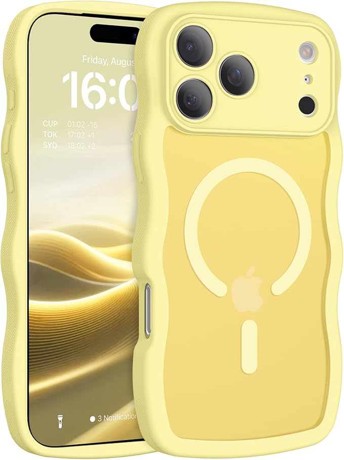 BENTOBEN Magnetic for iPhone 17 Pro Case, Cute Wavy Full Camera Protection [Compatible with MagSafe] Matte Anti-Slip Bumper Women Girls Boys Protective Cover for 17 Pro 6.3", Yellow