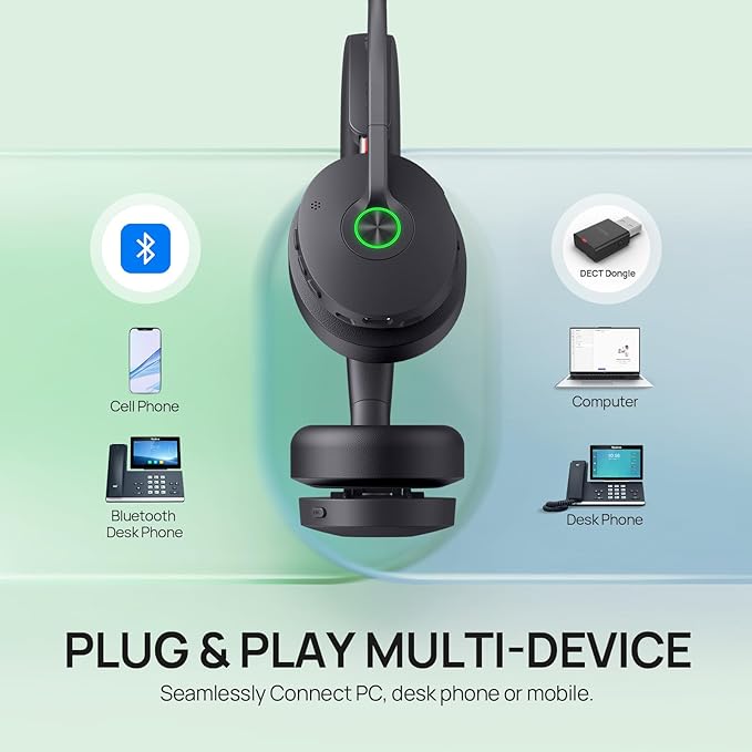 Yealink WH68 Hybrid Wireless Headset with ANC, DECT 6.0 & Bluetooth Dual-Connect, 492ft Range, 6-Mic Noise Cancelling Office Headphones for Teams, Zoom, 32H Talk Time for PC/Laptop/Smartphone