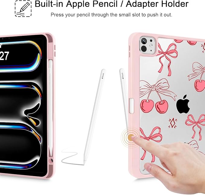 May Chen for iPad Pro 13 Inch Case M5 2025 / M4 2024, Built Pencil Holder & Clear Transparent Print Back Shell Slim Stand Shockproof Tablet Cover, Auto Wake/Sleep, Coquette Cherry Bow