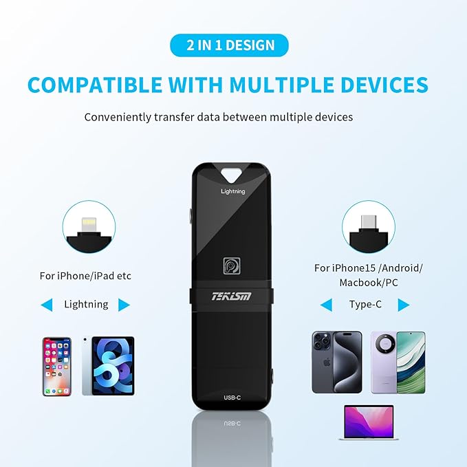 MFi Certified 128GB for iPhone Flash Drive USB C Memory Stick with Keychain Dual Type C USB Thumb Drive Photo Stick Jump Drive for Android Smartphone, Computers,iPhone/iPad/iPod/PC