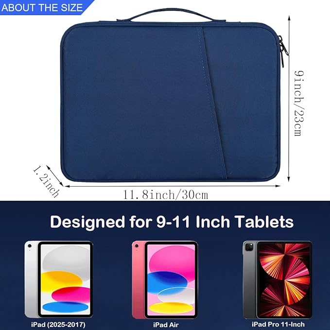 CAAORDKSO 9-11 Inch Tablet Sleeve Case for iPad 11 inch A16, 11" iPad Air/Pro, Amazon Fire HD 10 Tablet/Fire Max 11, 11” Samsung Galaxy Tab A9+/ S8/ S7/ S6, 9.7 10.2" 10.5" 10.9" iPad Bag, Navy Blue