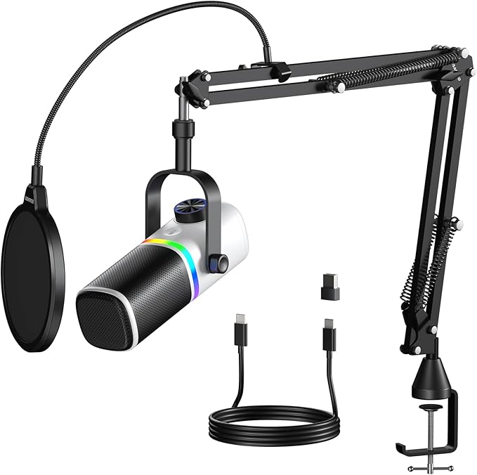 Aokeo AK-10 USB Gaming Microphone with mic arm, Condenser Microphone for PC/MAC/PS4/PS5/Phone-Cardioid Mic with RGB Lighting（White）