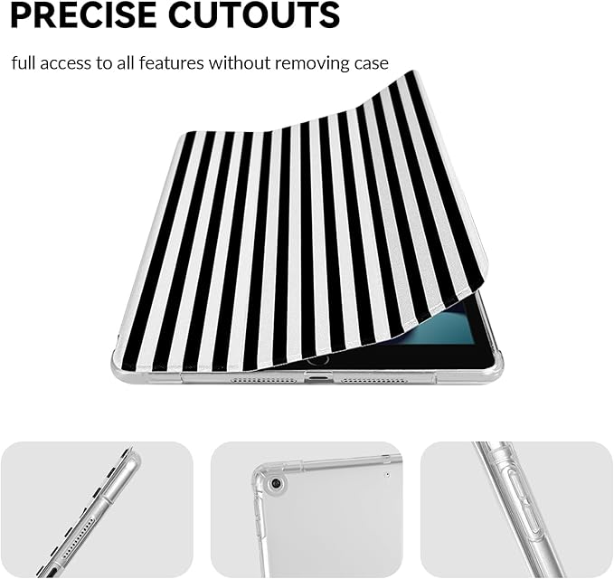 Lovmooful Compatible for iPad 9/8/7 (10.2-Inch,2021/2020/2019 Model,9th/8th/7th Generation) Case with Pencil Holder Cute Striped with Aesthetic Design Soft TPU Trifold Stand Protective-Black&White