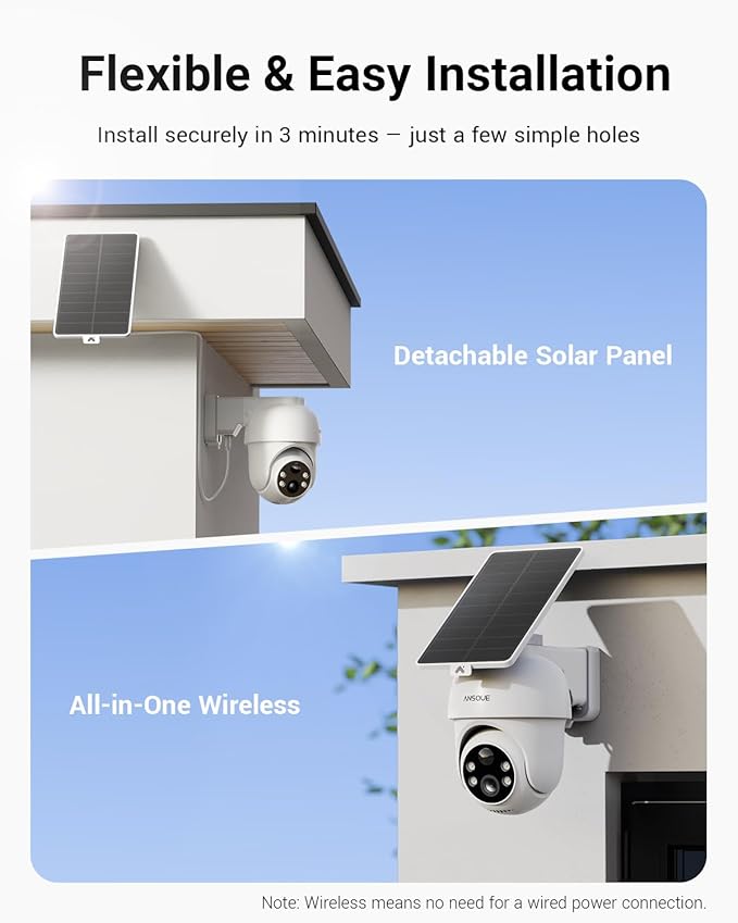 ANSQUE Security Cameras Wireless Outdoor Home System, 2 Camera Kit, No Subscription Fees, Solar Powered, Local Storage, 365-Day Battery Life, 360°PTZ Surveillance, Auto Tracking, 2K Color Night Vision