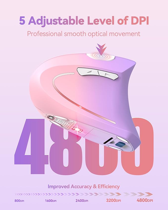 TECKNET 2.4G Ergonomic Mouse Vertical Wireless - 4800 DPI Optical Carpal Tunnel Mice Right Hand, 4800 DPI Adjustable, Quiet Clicks, 6 Buttons for Laptop, Desktop, PC, Computer - Pink Purple