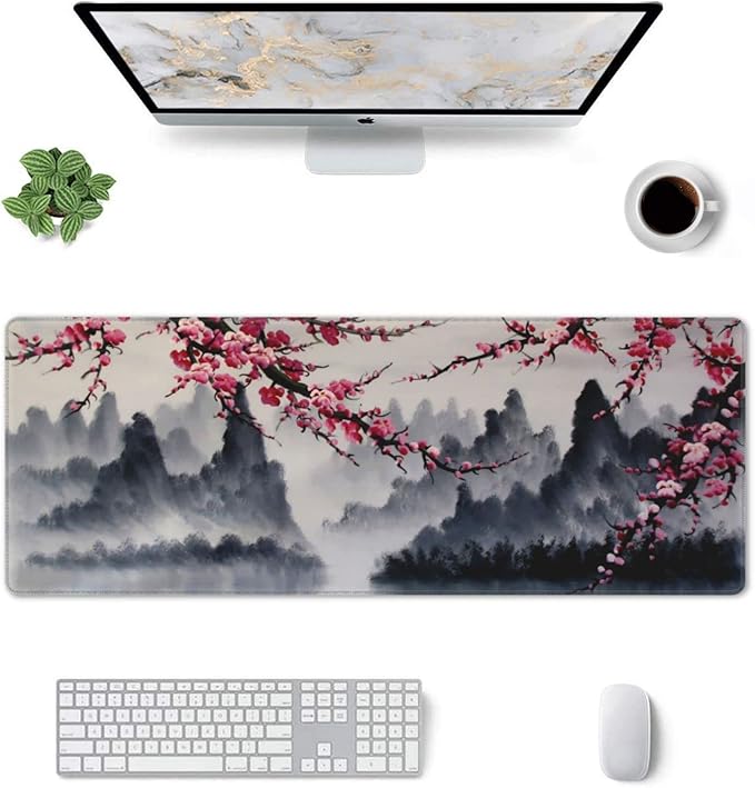 Japanese Sakura Watercolor Painting Extended Mouse Pad 31.5x11.8 Inch Cherry Blossom Flower Non-Slip Rubber Base Mousepad Stitched Edges Keyboard Mouse Mat with Stitched Edges for Gaming and Office