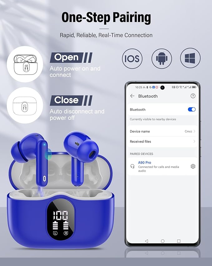 Btootos Wireless Earbuds, Bluetooth 5.4 Headphones Bass Stereo, Ear Buds with Noise Cancelling Mic, IP7 Waterproof in Ear Earphones, 36H LED Display Bluetooth Earbuds for Laptop Pad Phones, Navy Blue