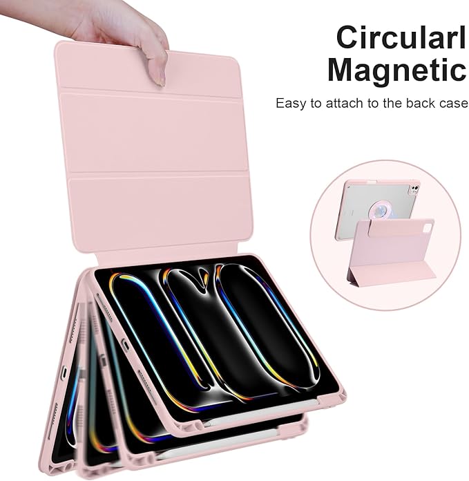 Case for iPad Pro 11 inch M5/M4 (2025/2024, 6th/5th Generation), Removable and Detachable Magnetic Cover with Pencil Holder, Vertical Adjustable Stand, Tri-Fold Multi-Angle, Pink