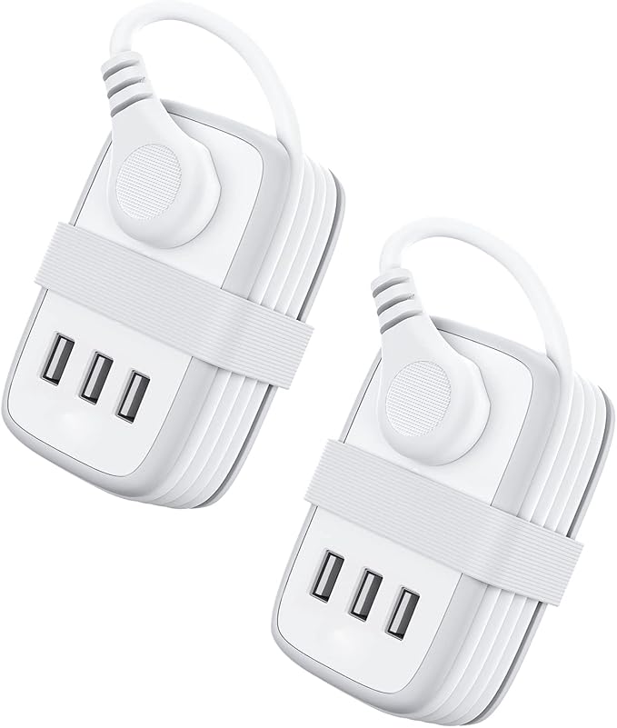 Travel Power Strip with USB 2 Pack, NTONPOWER 2 Widely Outlets 3 USB with 3Ft Short Extension Cord Flat Plug, Small Portable Desktop Charging Station for Cruise Ship Home Office Accessories, White