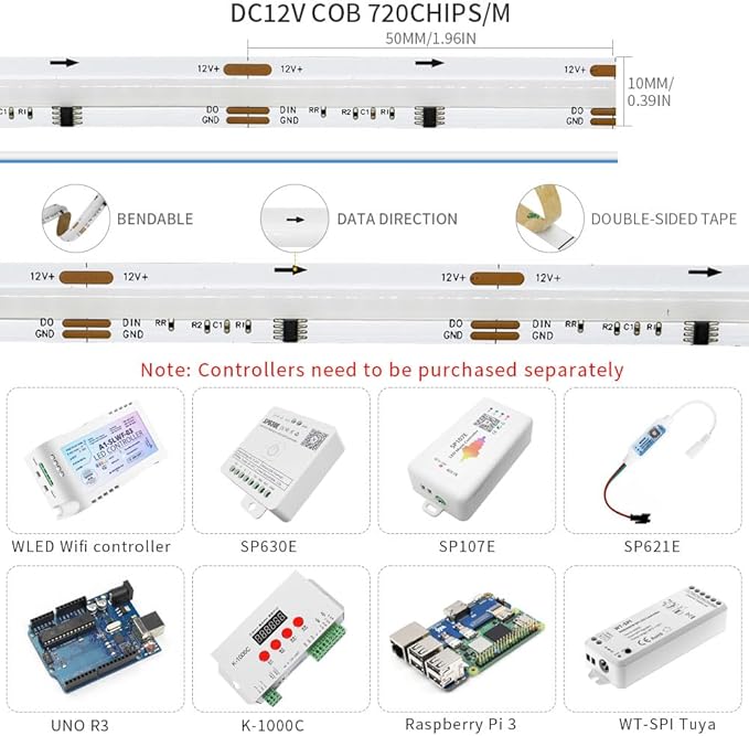 Smart WS2811 IC RGB COB LED Strip 6.56FT/2M, 720LED/m 20IC/M 10mm Width High Density Uniform Chasing Color Light DC12V White PCB Flexible Tape Light(No Adapter or Controller)