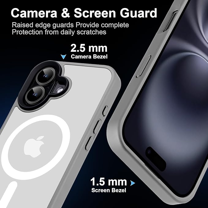 Magnetic for iPhone 16 Case [10FT-Grade Drop Tested & Compatible with MagSafe] Translucent Anti-Fingerprint Shockproof Protective Cover 6.1 Inch,Gray